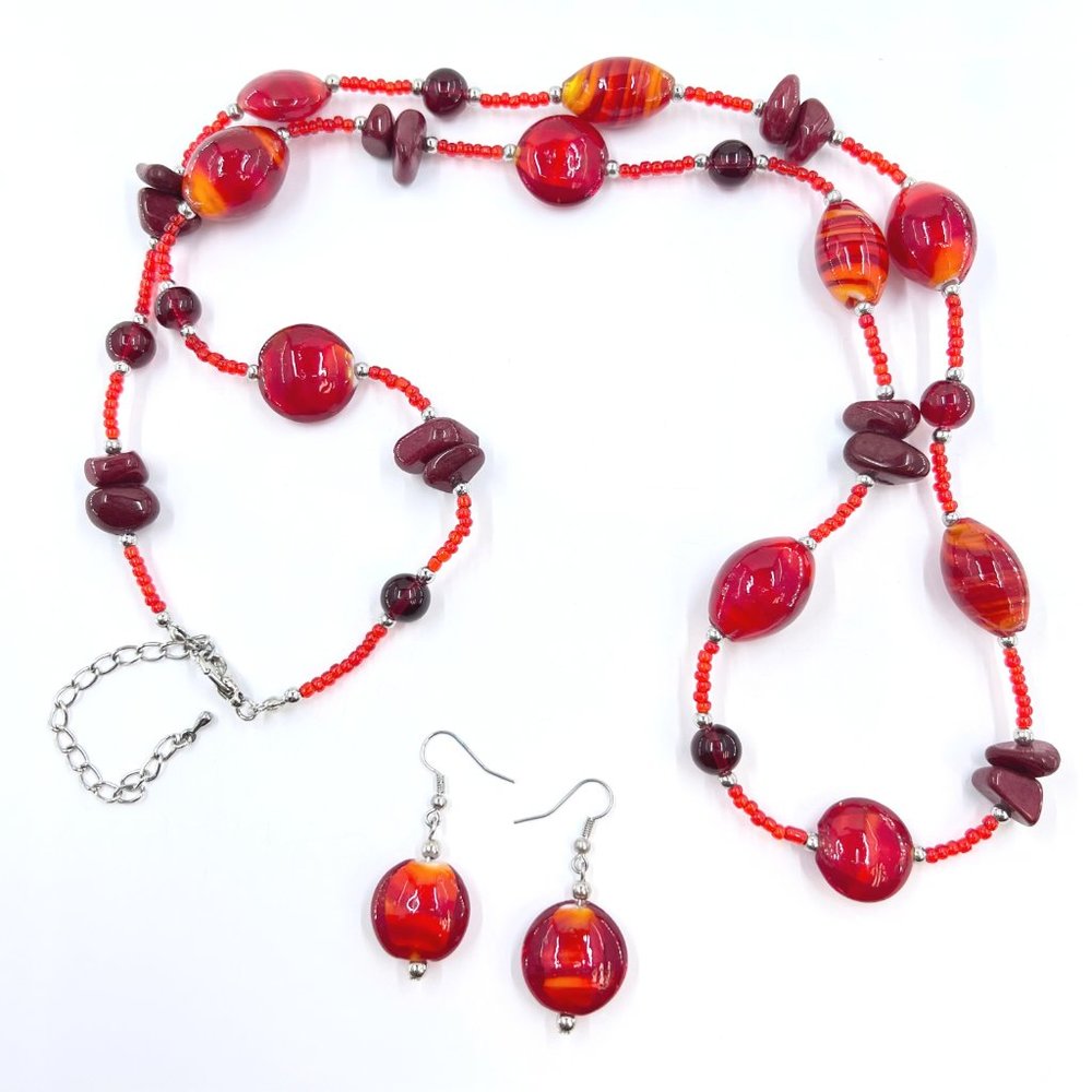 NWOT – Bright Red Artisan Glass Bead Natural Stone 36” Necklace & Earring Set
